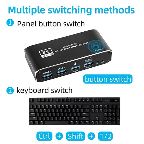 HDMI 2.1 KVM Switch 2X1 4K 120Hz 8K 4 Port USB 3.0 KVM Switcher with Hotkey B - Afbeelding 10 van 15