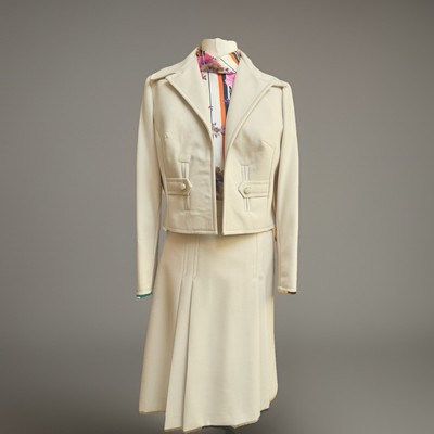 Vintage. 60er COUTURE Jackie O  Style Kleid ANZUG SET großes Revers Mod Wolle Krepp + Seide L
