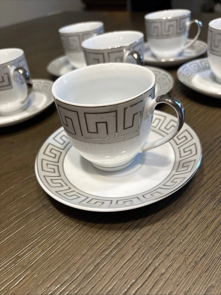Juego de 12 tazas/platillos de té de diseño griego plateado para 6 personas ¡¡Juego raro!!! Foto 2 de 4