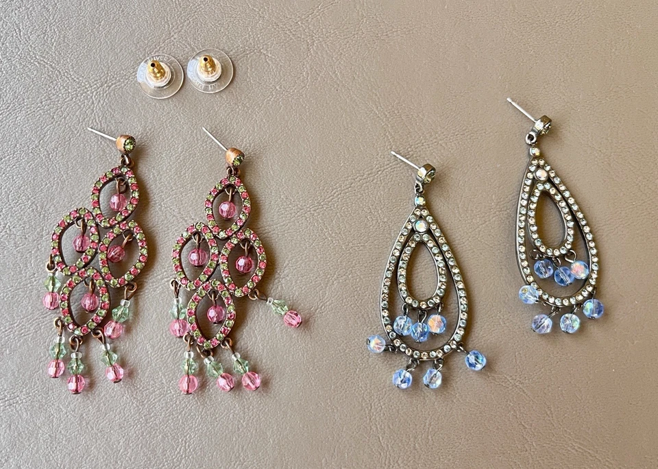 Joan Rivers Earrings Dangle Drop Chandelier Pink & Green & Blue Crystals 2” - Image 2 of 4