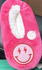 Women  s Pink/White Plush Faux Fur Slip-On Slippers Memory Foam Smiley Sz 7