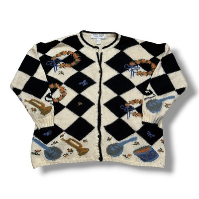 Kitty Hawk by Vivian Wang Golf Harlekin Strickjacke L creme schwarz Wolle Vintage