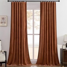 Burnt Orange Pleat Back Tab Velvet Curtains W52 x L108 inches 2 Panels, Room ...