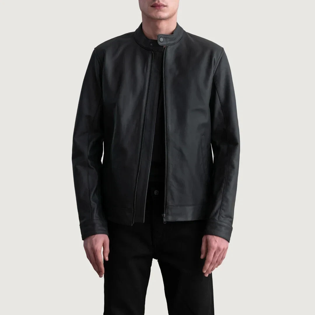 Mens Matte Black Biker Cafe Racer Motorcycle Slim Fit Casual Real Leather Jacket