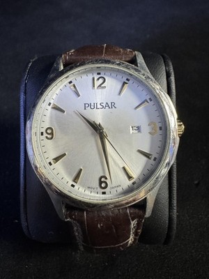 Pulsar 4D03141 Watch Mens 39mm Silver Dial Brown Leather Date Quartz Japan