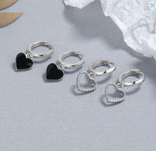 925 Sterling Silver Small Huggie Hoops Dangling Heart Drop Earrings Gift Box I74