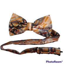 Bowtie Pretied with Adjustable Strap Orange Gray Paisley
