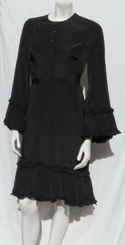$128 MAX STUDIO Black Silky Ruffled Long Bell Sleeves Tie Belt Shirt Dress US XS - 第 1/5 張圖片