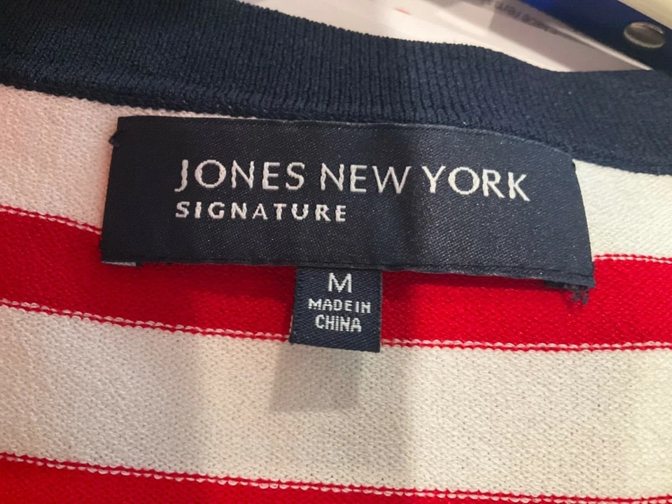 NUEVO SIN ETIQUETAS JONES NEW YORK FIRMA CHAQUETA DE PUNTO MEDIANO A RAYAS SUÉTER ROJO BLANCO AZUL MARINO Foto 4 de 4