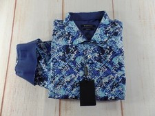 NEW Mens Bugatchi Button Up Shirt XXL Blue White Black Flip Cuff Spread Collar