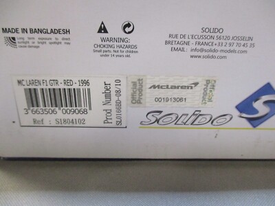 Solido 1/18 McLaren F1 GTR 1996 – Rouge – Réf S1804102 – Occasion