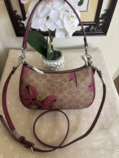 COACH Teri Shoulder Bag Signature Canvas Leather Bow Print Tan/Pink Multi