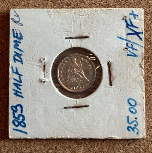 Vintage Circulated AU - 55 1853 Seated Liberty Half Dime in Coin Sleeve