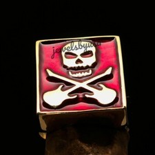 Men's Solid Metal Red Enamel Guitar Musical Ring 925 Silver