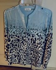 Calvin Klein Light Blue Black Leopard Print Button Down Top Women's S