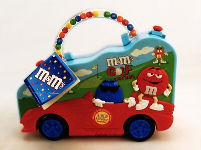 M&Ms Plastic Car Storage Case, ''Golf Outing'', Turning Wheels, Vintage/Rare, 2004
