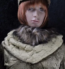Cozy Knit Beige Tube Infinity Scarf W/ Brown, White & Grey Faux Fur Trim