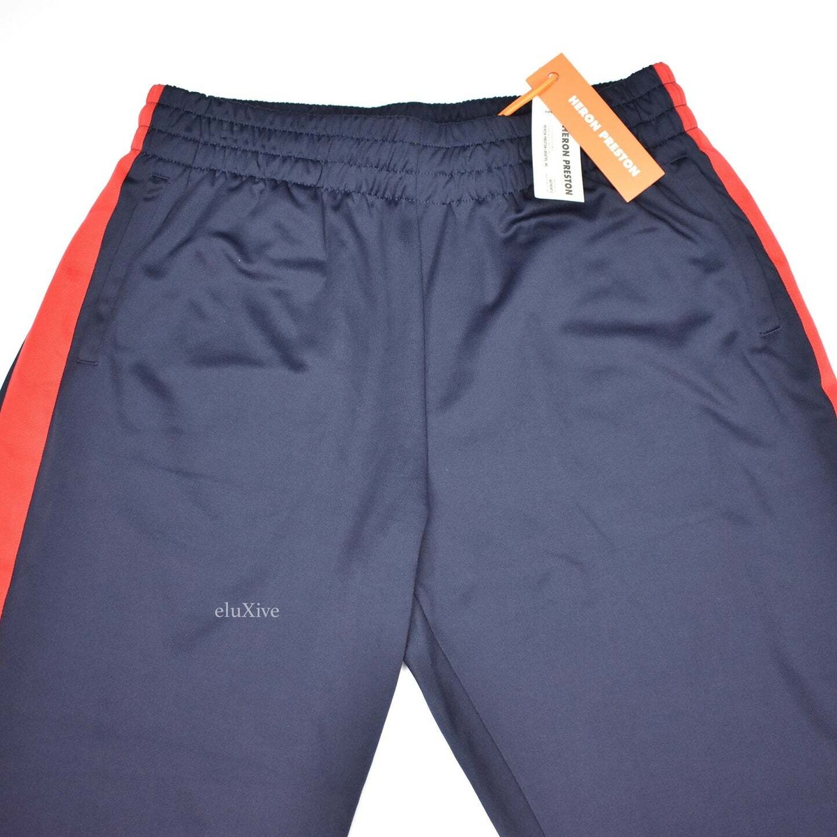 NWT $395 Heron Preston Navy Side Stripe Russian Logo Track Pants