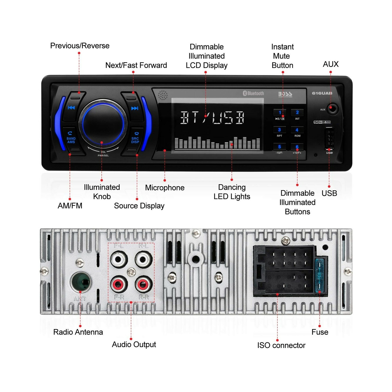 Boss 616UAB Single Din USB SD AUX Bluetooth Multimedia Radio Car  