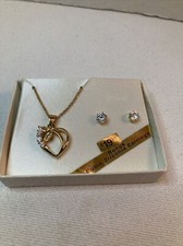 New Boxed Cubic Zirconia Heart Necklace Solitaire Earrings Set