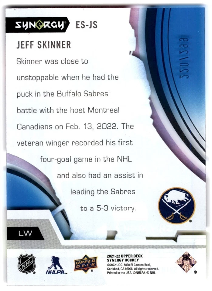 2021-22 Upper Deck Synergy Exceptional Stars Blue Jeff Skinner /299 #ES-JS - Image 2 of 2