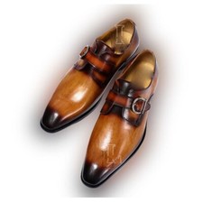 Handmade Men's Brown Monk Strap Pointed Toe Genuine Leather Dress Shoes, Sale!!!