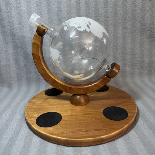 Glass Whiskey Liquor Bar Globe Decanter w Plane Inside Wooden Stand Mancave Spin
