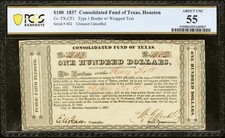 Republic of Texas 1837 AD Houston Consolidated Fund Government Banknote, PCGS 55