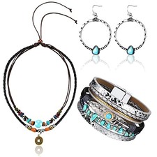 4 Pieces Western Jewelry for Women Bohemian Turquoise Pendant Choker Necklace