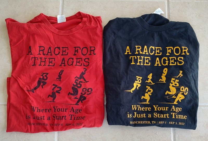 TWO RACE FOR THE AGES ULTRA MARATHON T SHIRTS – 2021 AND 2022 - MANCHESTER TN