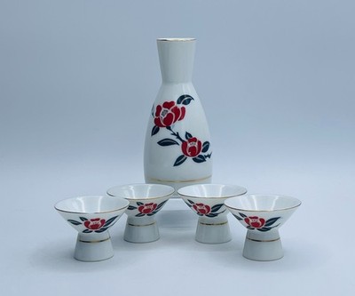 Vintage Ozeki Japan Porcelain Sake Set - Red Camellia Flowers Gold Rim 5pc
