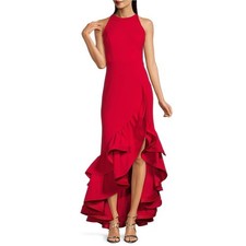 Betsy  Adam Womens 2 Red Ruffle High-Low Stretch Crepe Gown Sleeveless OS17-16