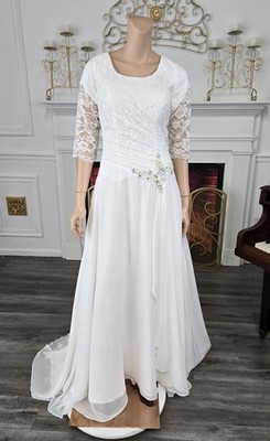 Bonny White Lace & chiffon Half Sleeve Modest Wedding dress sz 12 | eBay