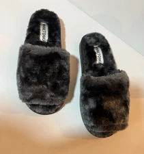 MINNETONKA SLIPPERS SIZE 8M DARK FUZZY OPEN BACK COMFORT SHERPA INDOOR OUT