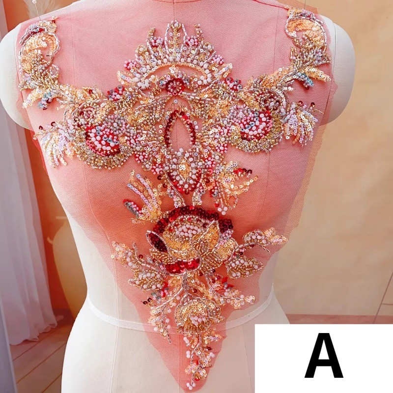 1Pc Wedding Dress Front Applique Glitter Beaded Sequins Flower Patch Sew on Gown