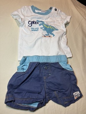 Absorba Baby 3-6 Month 2 Piece Outfit White Dinosaur T-Shirt & Blue Shorts Set