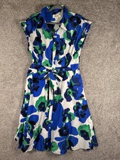 Eliza J Floral Shirt Dress Sz 16 Blue White Cotton Stretch Tie Belt Boho Spring