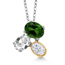 925 Silver and 10K Yellow Gold Green Chrome Diopside White Created Sapphire and