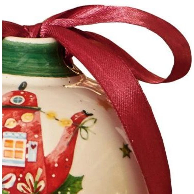 Palla di Natale Ceramica BRANDANI Teiera Decorazione Albero 10 cm Fiocco Raso, fotografia 4 di 9