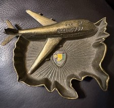 VTG Boeing 747 Indiana Souvenir Ashtray Enameled Seal & Sculpted Jet Aged Patina