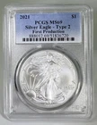 2021 $1 American Silver Eagle 1oz Type 2 First Production PCGS MS69