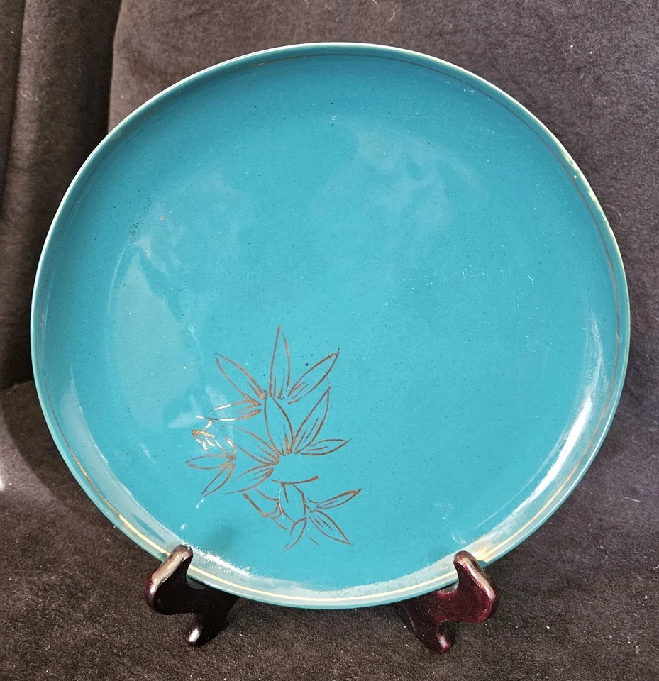 Plato de cerámica hecho a mano esmalte turquesa oro hojas de bambú 9" Corea Foto 2 de 4
