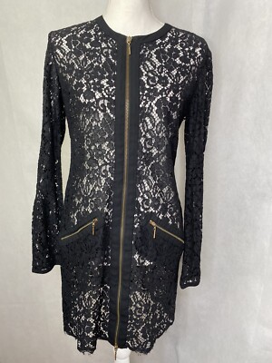 Rachel Zoe Womens Long Sleeve Lace Dress Black Gold Hardware Pencil Size 8