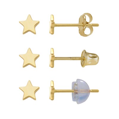14K Yellow Gold Dainty Plain Star Stud Earrings (Select Backing)