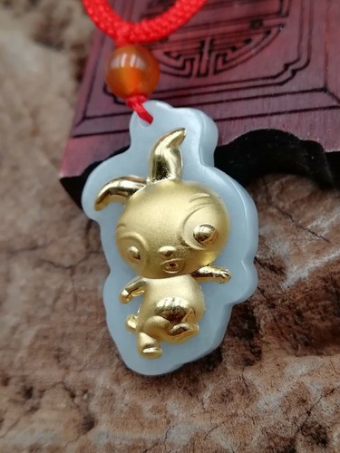 Certified Natural Jadeite Jade 24K Gold Inlaid Lovely Rabbit pendant Necklace金玉兔 - Picture 5 of 6