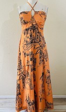 Shein Maxi Dress Women Halter Backless City Print Orange Dress Size M