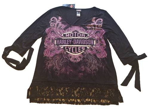 NWT Women's 1X black Harley-Davidson shirt with purple graphics, bling, more!