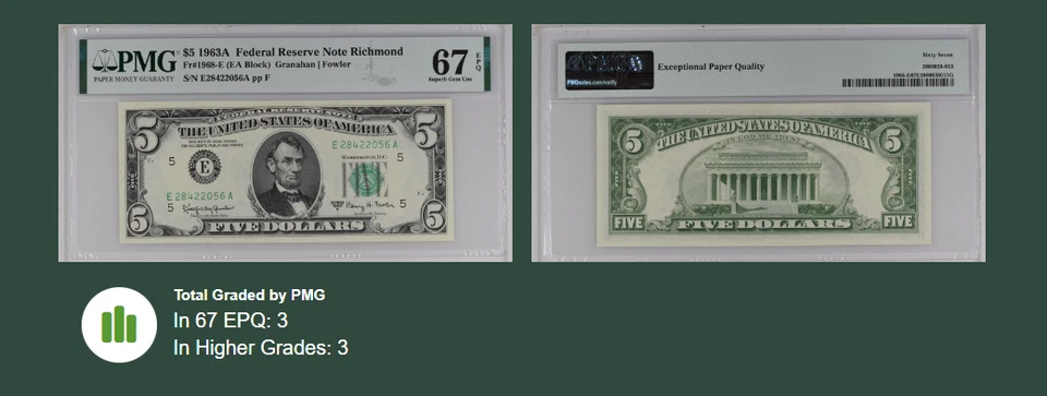 USA, 1963, Federal Reserve Note , $5, PMG 67 EPQ  Superb GEM Unc , Fr#1968-E - Image 4 of 4