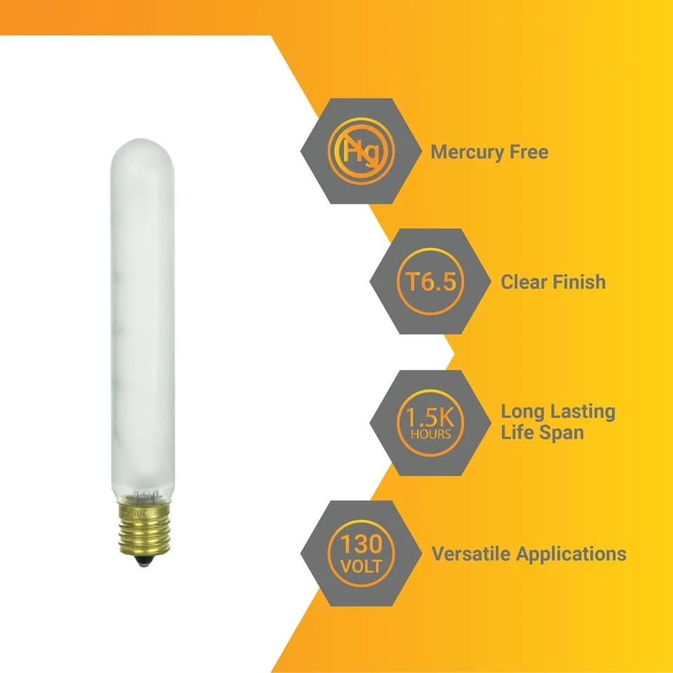 6Pack Tubular Light Bulbs, Frosted Tube T6.5 Bulb, 40W, 2600K, 290LM, E17, 120V - Image 2 of 4