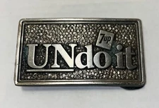 VTG 7UP Soda Pop 1977 **UNDO it 7UP** PEWTER BERGAMOT  Brass Works BELT BUCKLE
